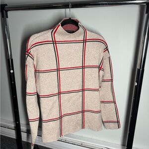Cream and Red Cowl Neck Sweater with Plaid Pattern